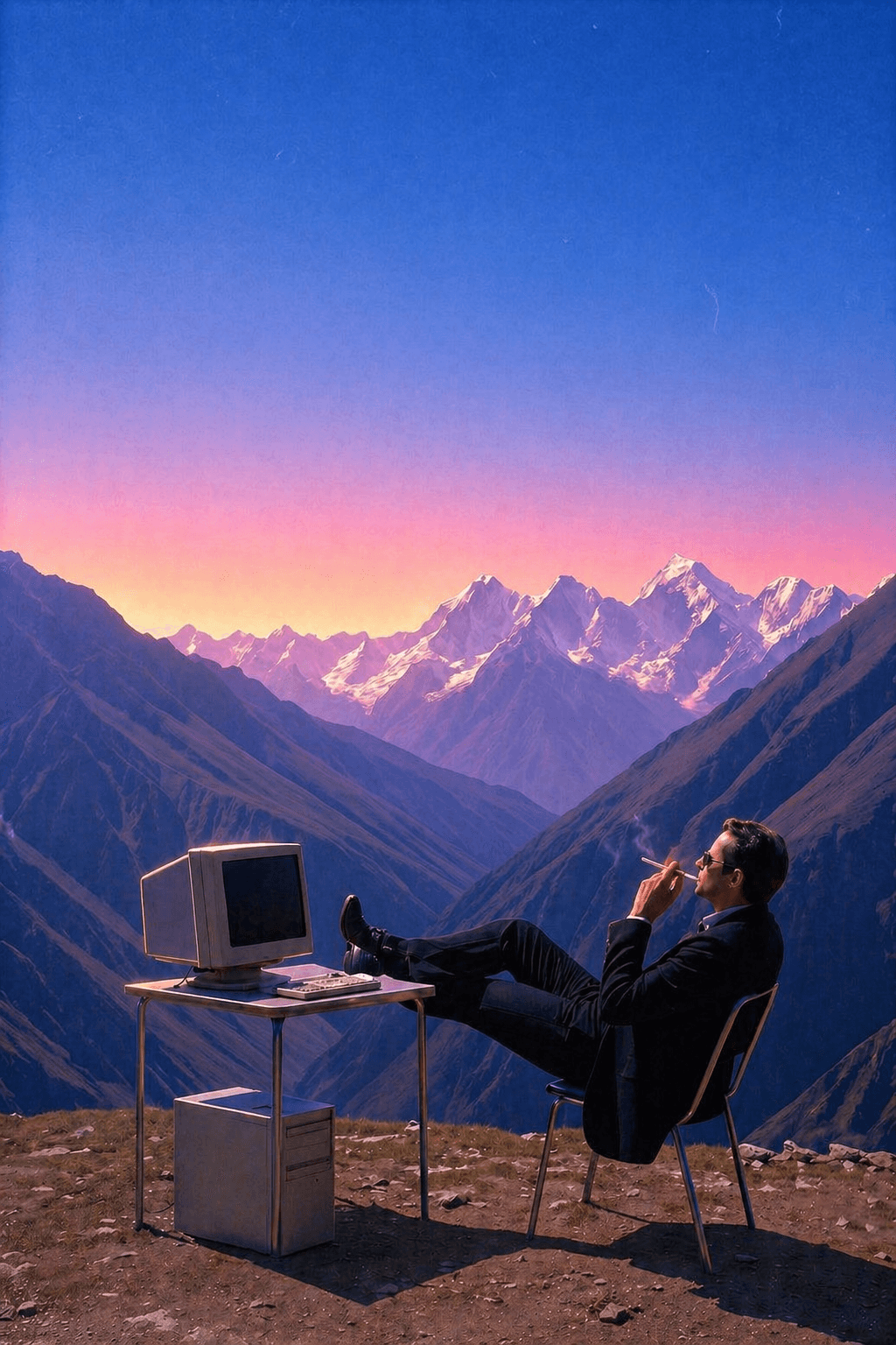 Cinematic surreal representation of a business owner relaxing on a mountain peak, representing the peace of mind WolfX delivers.