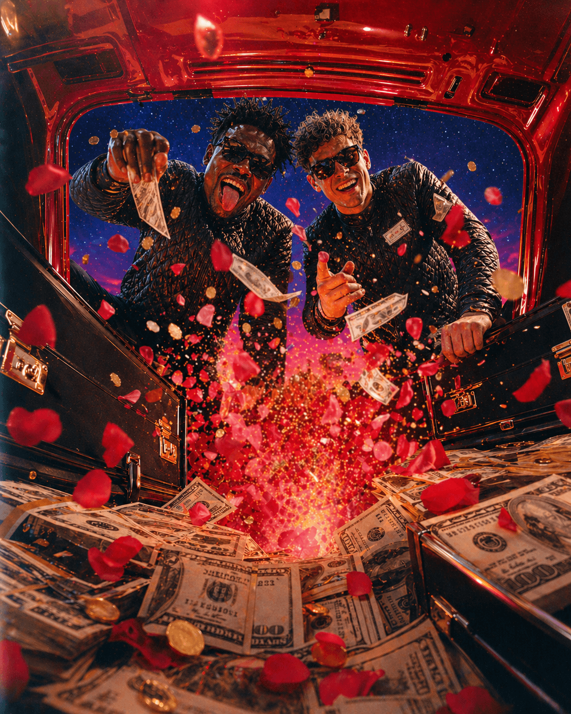Cinematic view from inside a car trunk glowing with recovered currency and confetti, representing a successful recovery by WolfX.